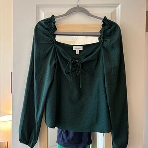 Topshop Green Ruffled Long Sleeve Polka Dot Top